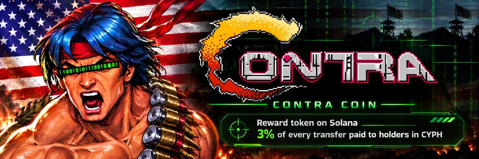 CONTRA COIN: a run and gun soldier with a binary visor beside the chrome and fire wordmark, over the line reward token on Solana, 3 percent of every transfer paid to holders in CYPH